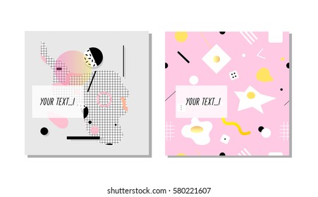 Memphis design 80's geometric style seamless pattern with eggs and geometric shapes. Vector graphics. Use it for invitations, posters or postcards, decorations.
