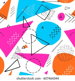 Memphis design 80's geometric style seamless pattern. Hand drawn set. Colorful pattern with different shapes objects.