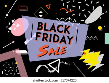 Memphis design abstract "Black Friday" sale poster with geometrical forms and shapes.
