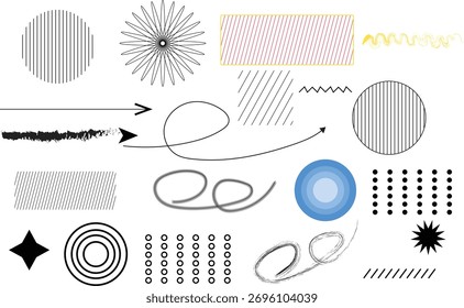 Elementos vetoriais abstratos de design de Memphis definidos com formas geométricas, linhas e padrões criativos