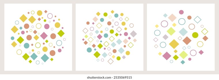 Memphis design. Abstract vector set with various Geometric elements like Circle, Square, and Diamonds in different colors and sizes. Collection of Trendy shapes for background