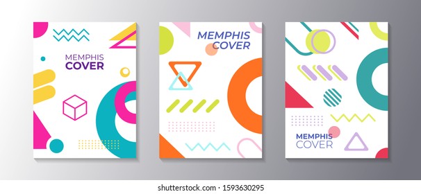 Memphis design cover set with cool geometric shape, applicable for poster, flyer, banner, magazine, etc