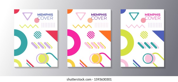 Memphis design cover set with cool geometric shape, applicable for poster, flyer, banner, magazine, etc