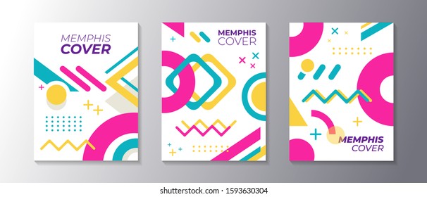 Memphis design cover set with cool geometric shape, applicable for poster, flyer, banner, magazine, etc