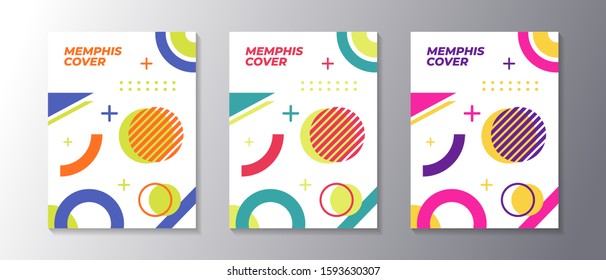 Memphis design cover set with cool geometric shape, applicable for poster, flyer, banner, magazine, etc