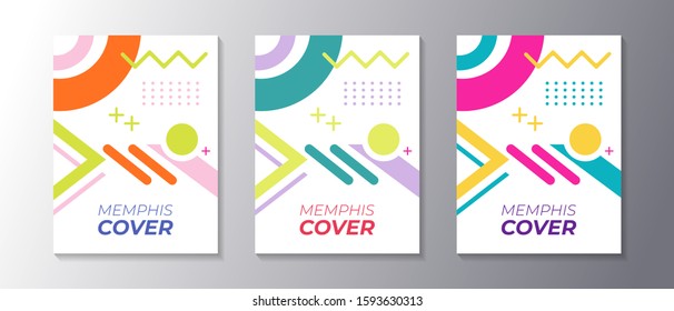 Memphis design cover set with cool geometric shape, applicable for poster, flyer, banner, magazine, etc