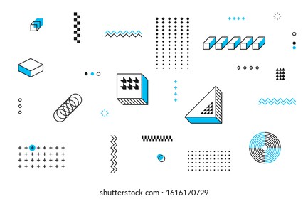 Memphis design elements. Retro funky graphic, 90s trends designs and vintage geometric print illustration element. Constructivism memphis vector isolated symbols collection.