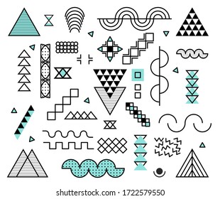 Memphis design elements. Retro funky graphic, 90s trends designs and vintage geometric print illustration element. Interior pattern. Constructivism memphis vector isolated symbols collection