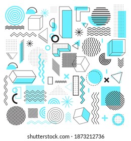 Memphis design elements. Retro funky graphic, 90s trends designs, simplyfy, juxtaposed and vintage geometric print illustration element. Constructivism memphis vector isolated symbols collection