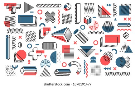 Memphis-Design-Elemente. Retro funky Grafik, Trends der 90er Jahre, einfaches, gegenüberliegendes und vintage geometrisches Druckgrafik-Element. Baustempeleien Vektor-einzelne Symbolsammlung