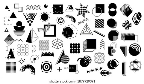 Memphis design elements. Retro funky graphic, 90s trends designs and vintage geometric. Abstract poster signs or 90s hipster shape. Isolated vector symbols set