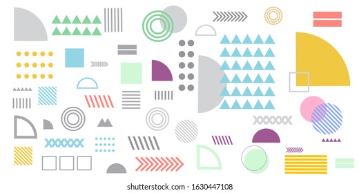 Memphis design elements simple white abstract background with circles, line, rectangle, dots, cross, mountain river egypt basic shape vector illustration for business, shirt, and decoration