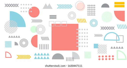 Memphis design elements simple white abstract background with circles, line, rectangle, dots, cross, mountain river egypt basic shape vector illustration for business, shirt, and decoration