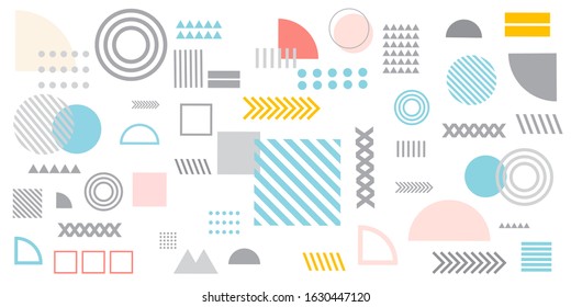 Memphis design elements simple white abstract background with circles, line, rectangle, dots, cross, mountain river egypt basic shape vector illustration for business, shirt, and decoration