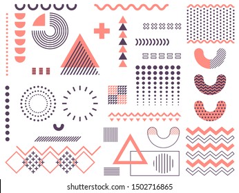 Memphis design of geometric shapes, isolated on white. Collection of retro funky graphic elements, 90s trends. Universal composition of memphis symbols and vintage geometric icons