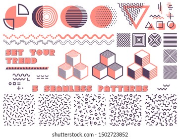 Memphis design of geometric shapes. Set of retro funky graphic elements. Fashion trends 80-90s. Universal composition of memphis symbols, textures and seamless patterns, isolated on white background
