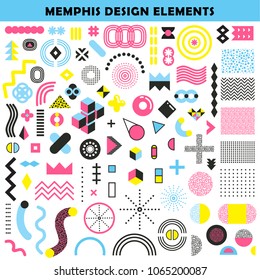 Memphis design mixture shapes and colors angular graphic worm like patterns decorative elements collection abstract vector illustration