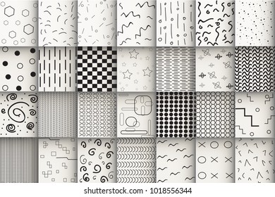 Memphis design pattern set isolated on gray background. Collection of fashion backdrops. For web site,poster,placard,wallpaper and cover. Useful for fashion design,textile and cloth decoration, vector