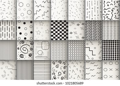 Memphis design pattern set isolated on gray background. Collection of fashion backdrops. For web site,poster,placard,wallpaper and cover. Useful for fashion design,textile and cloth decoration, vector