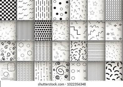 Memphis design pattern set isolated on gray background. Collection of fashion backdrops. For web site,poster,placard,wallpaper and cover. Useful for fashion design,textile and cloth decoration, vector