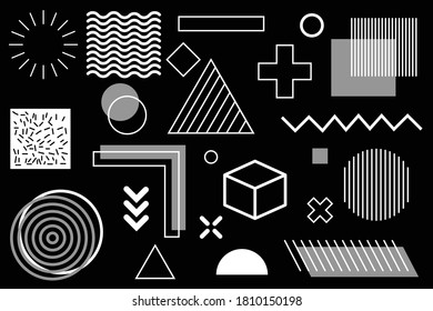  Diseño de Memphis, elementos retro para web, vintage, publicidad, banner comercial, afiche, volante, cartel, venta. Colección de formas geométricas vectoriales de medio tono de moda.