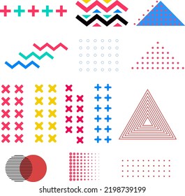 Memphis design, retro elements for web, vintage, advertisement, commercial banner, poster, leaflet, billboard, sale. Collection trendy halftone vector geometric shapes.