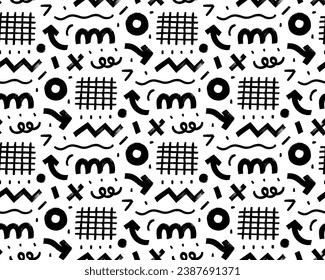 Memphis design seamless background with bold texture lines. Brush drawn eyes, stars, grids, squiggles, arrows and dots. Geometric grunge elements. Modern abstract childish seamless pattern.