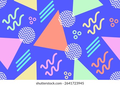 Memphis design seamless repeat pattern. Memphis 80s  geometric colorful creative design vector illustration. For textile, texture, fabric wrapping, decorative, wallpaper, shirts, clothing, tablecloths