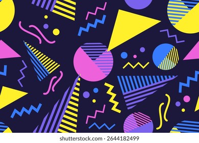 Memphis design seamless repeat pattern. Memphis 80s  geometric colorful creative design vector illustration. Design for textile, texture, fabric, wrapping, decorative, wallpaper, shirts, clothing
