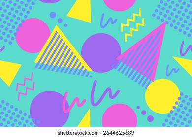 Memphis design seamless repeat pattern.  Memphis 80s  geometric colorful creative design vector illustration. For textile, texture, fabric wrapping, decorative, wallpaper, ,clothing, tablecloth