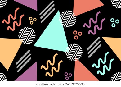 Memphis design padrão de repetição sem costura.  Memphis 80 geométrica colorido design criativo ilustração vetorial. Para têxteis, textura, tecido de embalagem, decorativo, papel de parede, roupas, toalha de mesa