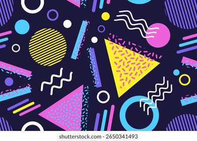 Memphis design padrão de repetição sem costura. Memphis 80 geométrica colorido design criativo ilustração vetorial. Para têxteis, textura, tecido de embalagem, decorativo, papel de parede, camisas, roupas, toalha de mesa