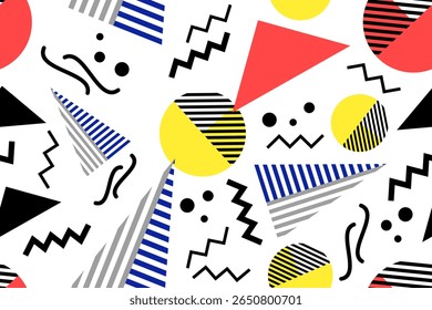 Memphis design seamless repeat pattern. Memphis 80s geometric colorful creative design vector illustration. For textile, texture, fabric wrapping, decorative, wallpaper, shirts, clothing, tablecloth