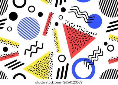 Memphis design padrão de repetição sem costura. Memphis 80 geométrica colorido design criativo ilustração vetorial. Para têxteis, textura, tecido, envoltório, decorativo, papel de parede, camisas, roupas, toalha de mesa