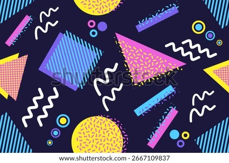 Memphis design seamless repeat pattern. Memphis 80s geometric colorful creative design vector illustration. For textile, texture, fabric, wrapping, decorative, wallpaper, shirts, clothing, tablecloth
