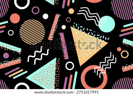 Memphis design seamless repeat pattern. Memphis 80s geometric colorful creative design vector illustration. For textile, texture, fabric, wrapping, decorative, wallpaper, shirts, clothing, tablecloth