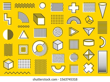 Memphis design set elements. Trendy 90s funky graphic. Universal halftone retro geometric shapes. Vintage illustration print. Constructivism memphis vector symbols