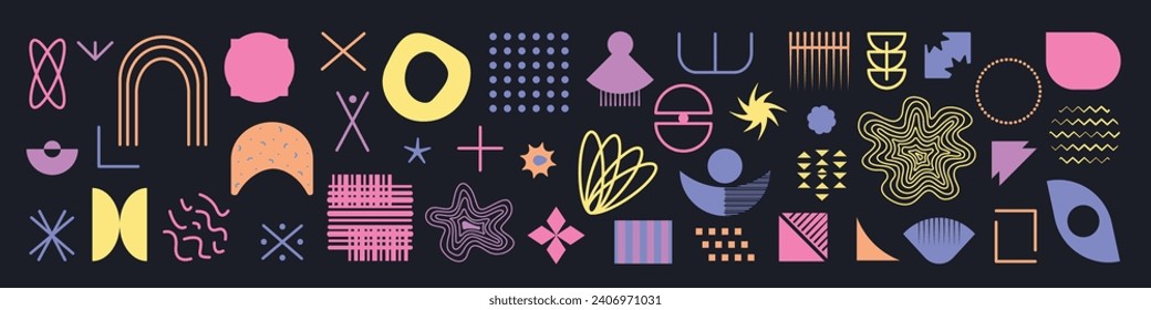 Formas y elementos de diseño Memphis, figuras primitivas brutales para el diseño web de moda, conjunto vectorial de formas geométricas, signos planos de color y líneas aislados en el fondo oscuro