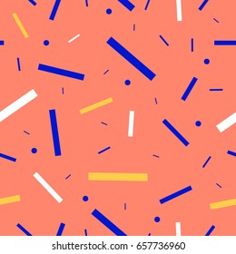 Memphis design style seamless pattern. Geometric graphics, retro vibes.