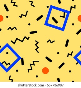 Memphis design style seamless pattern. Geometric graphics, retro vibes.
