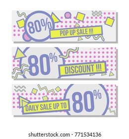 Memphis design template horizontal banner with pop art style color for fashion pop up sale, discount or daily deal also for pop up festival like art music or social media marketing kit include pattern