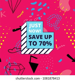 Memphis design vector illustration. Sales poster digital media or web app. Cool graphic design. 