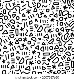 Memphis doodle pattern seamless vector repeat. Cute simple line art background with hand drawn elements black on white. Monochrome memphis style hipster backdrop for fabric, wallpaper, wrapping.