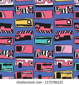 Memphis Eighties Stylized Retro Cassette Tape Player , Hand Drawn Vintage Illustration for Trendy Fabric Prints, Pop Art Posters , Stationery, Modern Home Decor, Hipster Style Audio Funky Bold Colors 