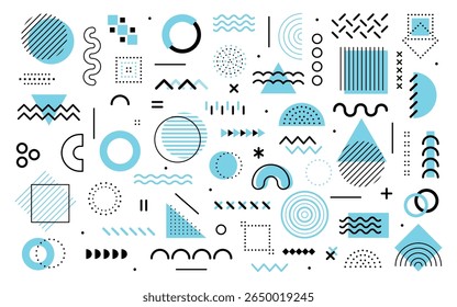 Memphis elements. Abstract geometric shapes. Retro 80s style graphic shapes, squiggles, lines, dots, and patterns. Geometric pop culture forms, irregular compositions. Vector set.