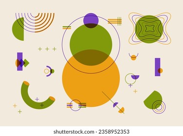 Memphis elements risograph effect. Abstract geometric shapes, modern hipster circles lines squares linocut print. Vector set