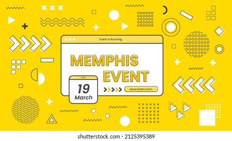 Memphis event banner design with assorted yellow and black modern geometric elements. Memphis template design, banner design, background memphis event poster design with many memphis assets style eps svg