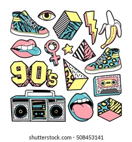 Memphis Fashion patch badges with lips, sneakers, banana, triangle, etc. Vector illustration isolated on white background. Set of stickers, pins, patches in trendy 80s-90s memphis style.