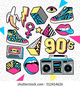Memphis fashion patch badges with lips, sneakers, banana, triangle, etc. Vector illustration isolated on white background. Set of stickers, pins, patches in trendy 80s-90s memphis style.