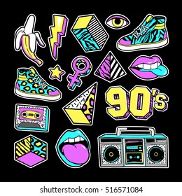 Memphis fashion patch badges with lips, sneakers, banana, triangle, etc. Vector illustration isolated on black background. Set of stickers, pins, patches in trendy 80s-90s memphis style.